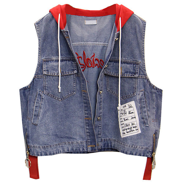 Спортно-елегантен дамски дънков елек - къс и с качулка