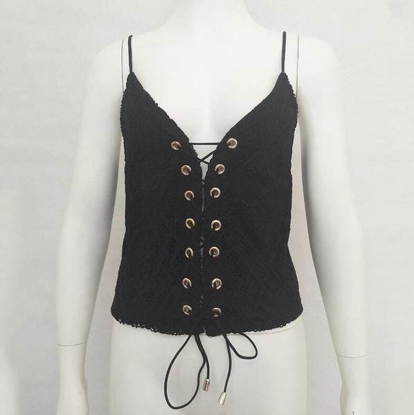 Дантелено дамско бюстие с тънки презрамки в бял и черен цвят с връзки