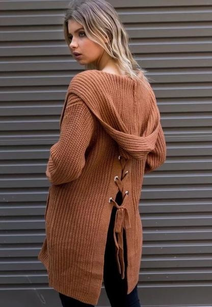 Плетена дамска жилетка с качулка и  връзки на гърба в няколко цвята