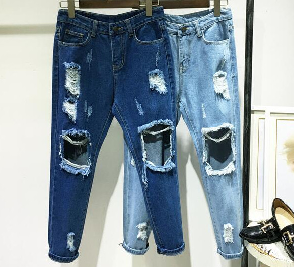 Дамски дънки с висока талия и накъсани тип Boyfriend