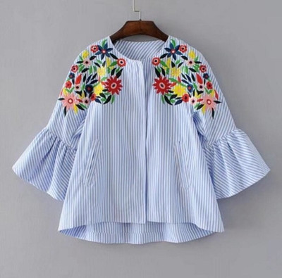 Много красиво и стилно дамско яке тип риза с къс,широк 3/4 ръкав,скрит цип и красива шарена бродерия