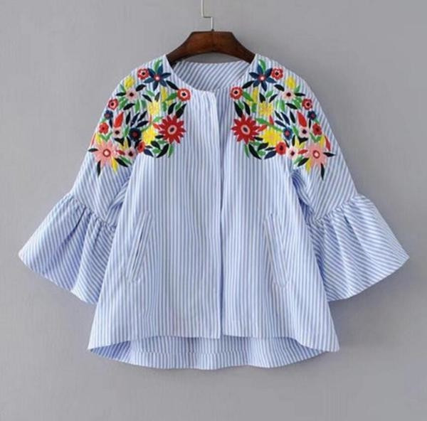 Много красиво и стилно дамско яке тип риза с къс,широк 3/4 ръкав,скрит цип и красива шарена бродерия