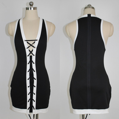 Къса рокля за дамите с интересни връзки по цялата предна част и дълъг цип по гърба - 2 цвята