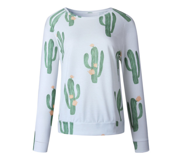 Ежедневна дамска блуза с паднало рамо и изображения на кактус