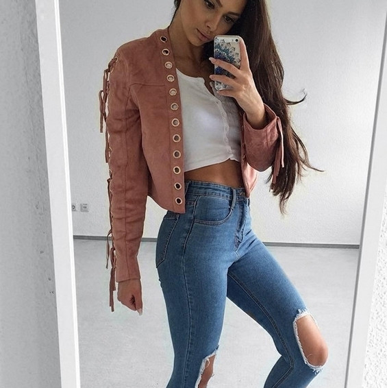 Уникално дамско яке с връзки и метални халки, имитация на велур