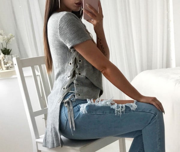 Дамска блуза от рипс с връзки с асиметрична дължина