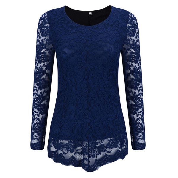 Стилна дамска блуза с дълъг ръкав и ажурна дантела в черен и тъмносин цвят