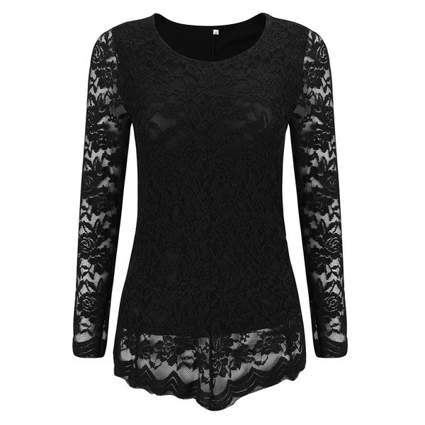 Стилна дамска блуза с дълъг ръкав и ажурна дантела в черен и тъмносин цвят