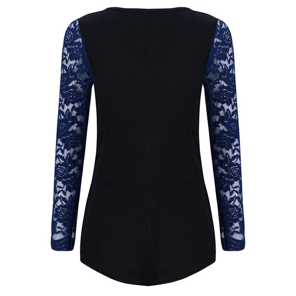 Стилна дамска блуза с дълъг ръкав и ажурна дантела в черен и тъмносин цвят