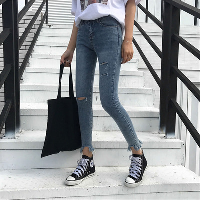 Дамски накъсани дънки тип Слим с висока талия