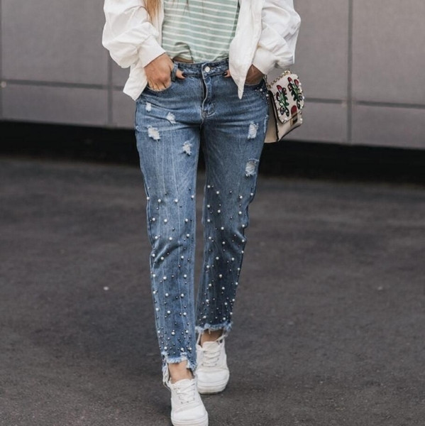 Уникални Boyfriend дамски дънки с много красиви перли