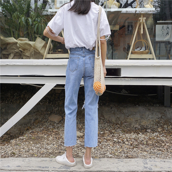 Модерни дънки за дамите - 7/8, с висока талия и накъсани