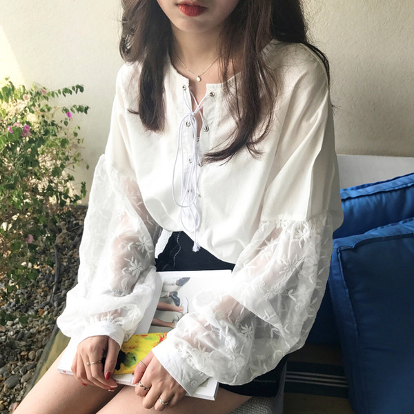 Стилна дамска риза с дантелени прозрачни ръкави и връзки в широк модел