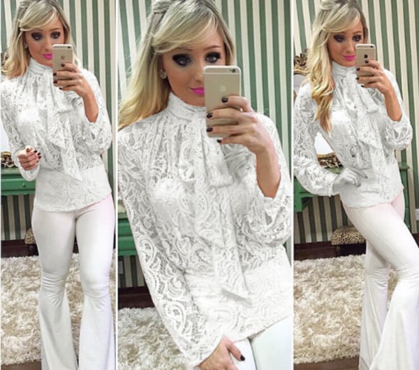 Стилна дамска прозираща блуза с дълъг ръкав и много красива ажурна дантела