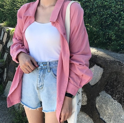 Широк и дълъг дамски суичър тип риза в три цвята