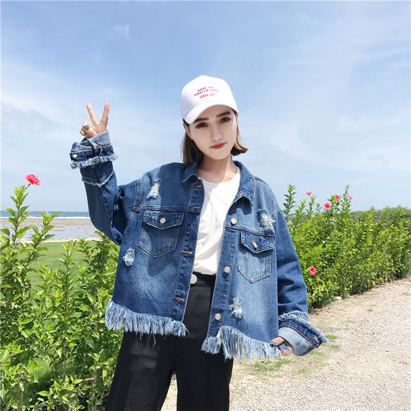 Τζιν γυναικείο σακάκι  σε ευρεία μοτίβο  και σε μπλε χρώμα