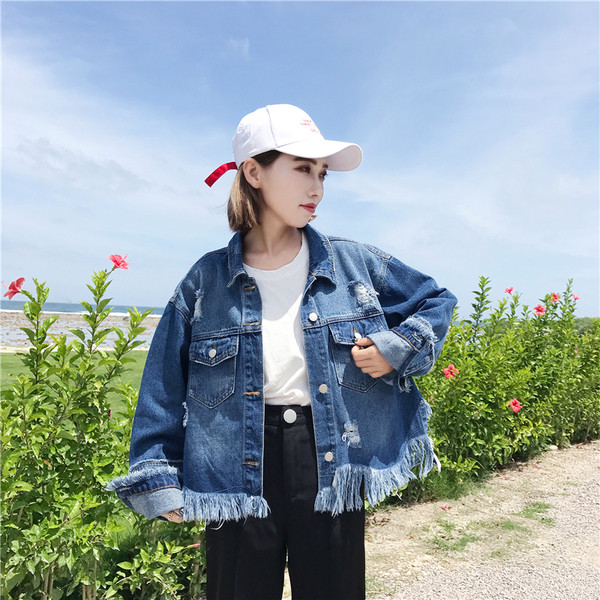 Τζιν γυναικείο σακάκι  σε ευρεία μοτίβο  και σε μπλε χρώμα