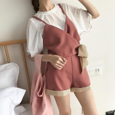 Спортно-елегантен дамски гащеризон в три цвята с декорация панделка на райе