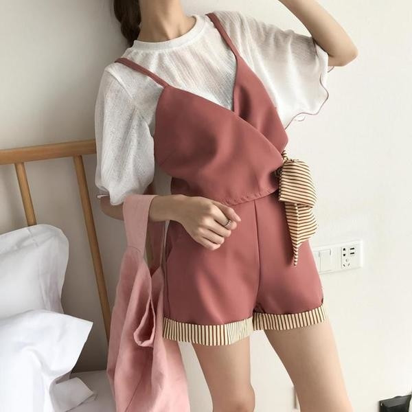 Спортно-елегантен дамски гащеризон в три цвята с декорация панделка на райе