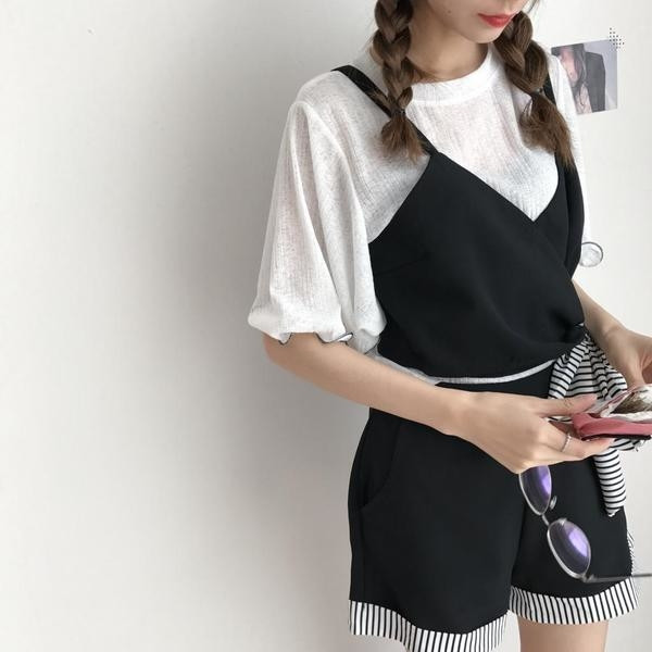 Спортно-елегантен дамски гащеризон в три цвята с декорация панделка на райе