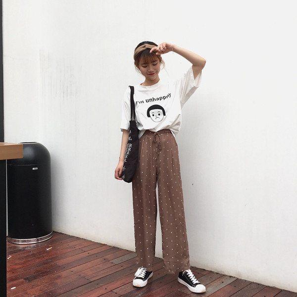 Ефирен дамски панталон с висока талия и в широк модел на точки