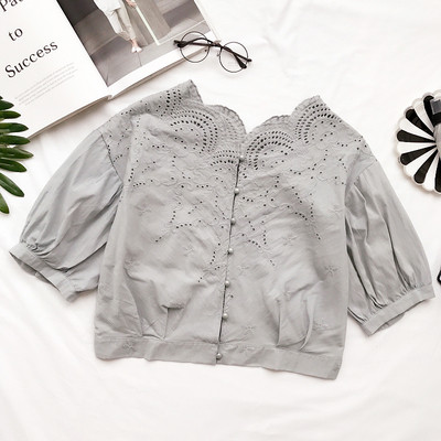 Ежедневна дамска риза с 3/4 ръкави и дантела в сив и бял цвят