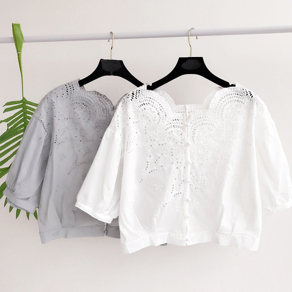 Ежедневна дамска риза с 3/4 ръкави и дантела в сив и бял цвят