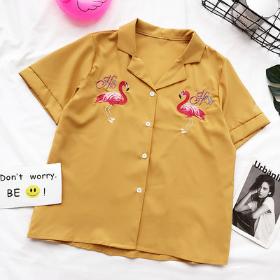 Γυναικείο πουκάμισο με κοντό μανίκι, τέσσερα χρώματα, με κολάρο και κεντήματα