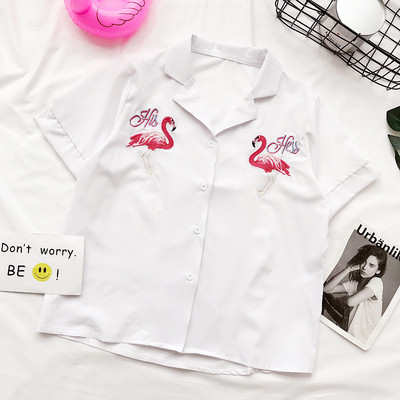 Γυναικείο πουκάμισο με κοντό μανίκι, τέσσερα χρώματα, με κολάρο και κεντήματα