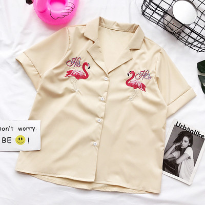 Γυναικείο πουκάμισο με κοντό μανίκι, τέσσερα χρώματα, με κολάρο και κεντήματα