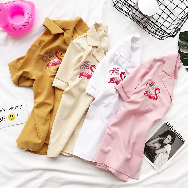 Γυναικείο πουκάμισο με κοντό μανίκι, τέσσερα χρώματα, με   κολάρο και κεντήματα