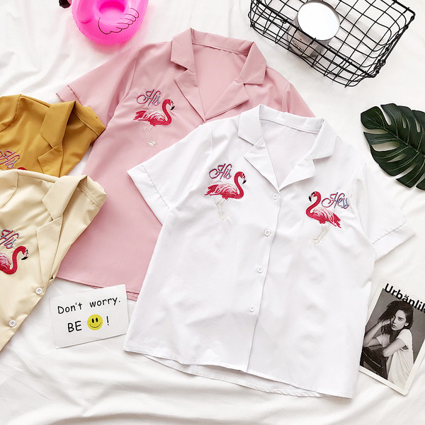 Γυναικείο πουκάμισο με κοντό μανίκι, τέσσερα χρώματα, με   κολάρο και κεντήματα