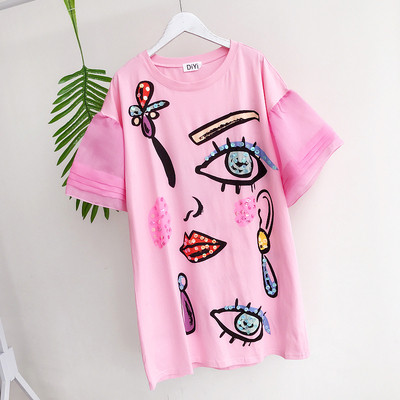 Γυναικεία t-shirt σε λευκό, ροζ και μαύρο και με μανίκια δαντέλας