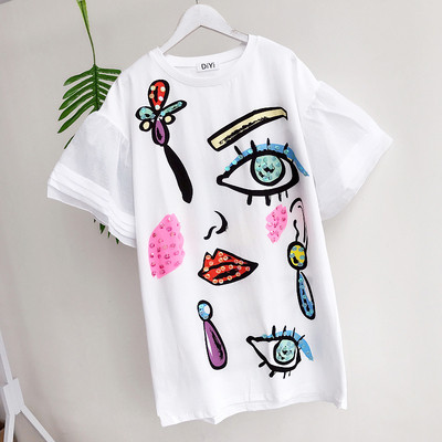 Γυναικεία t-shirt σε λευκό, ροζ και μαύρο και με μανίκια δαντέλας