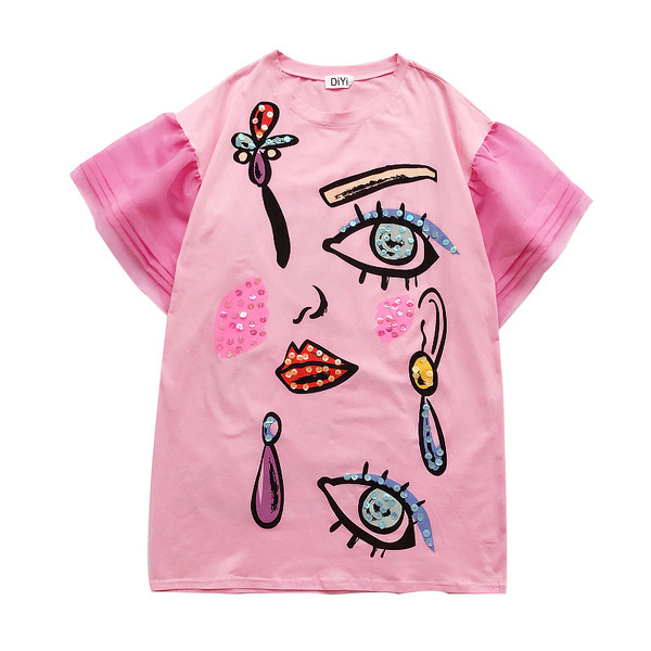 Γυναικεία t-shirt σε λευκό, ροζ και μαύρο και με  μανίκια δαντέλας