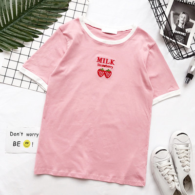 Сладка дамска блуза с надпис в бял и розов цвят