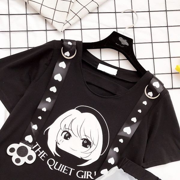 Стилен дамски блузон в черен цвят с изображение + дантелена пола