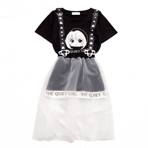 Стилен дамски блузон в черен цвят с изображение + дантелена пола