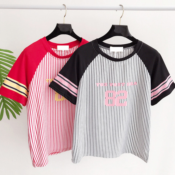 Ежедневна дамска блуза на райе в черен и червен цвят