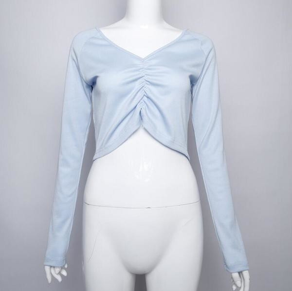 Много стилна дамска къса блузка с V-образно деколте и дълги ръкави