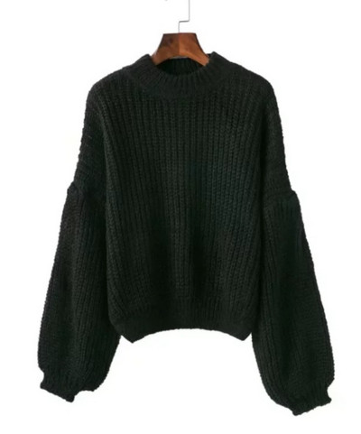 Широк женски пуловер с дълги широки ръкави и О-образна яка