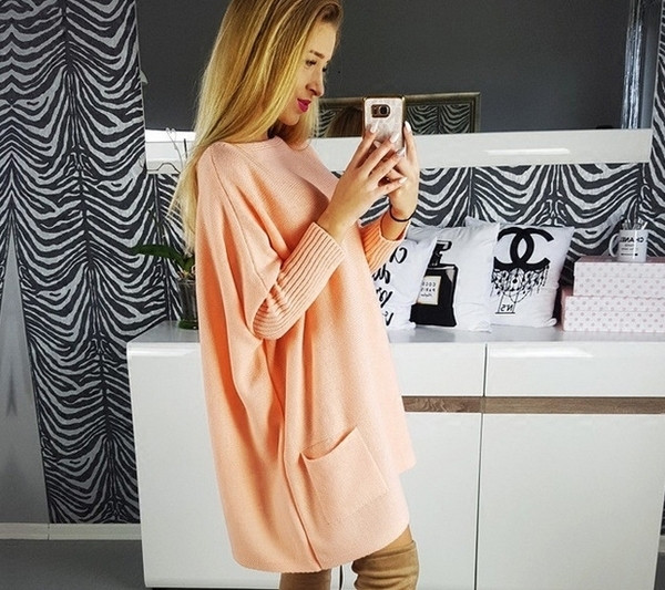 Γυναικεία μακρύ ζακέτα με O-σχήμα γιακά, μεγάλες τσέπες και μακριά μανίκια 