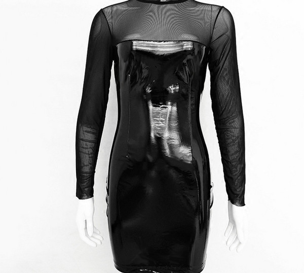 Много стилна дамска рокля с дълъг прозрачен ръкав и изкуствена кожа от предната страна 