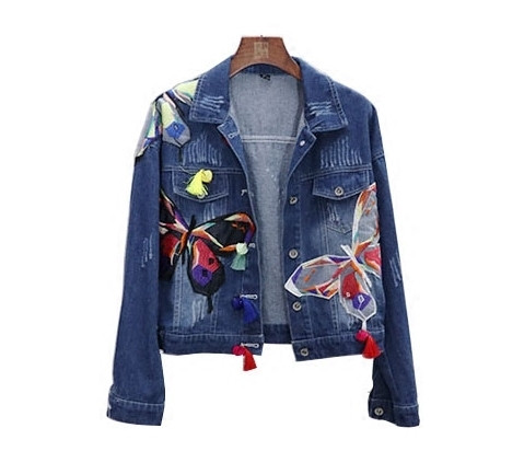 Πολύ μοντέρνο γυναικείο τζιν μπουφάν με ενδιαφέρον σχέδια μοτίβα - 2 χρώματα