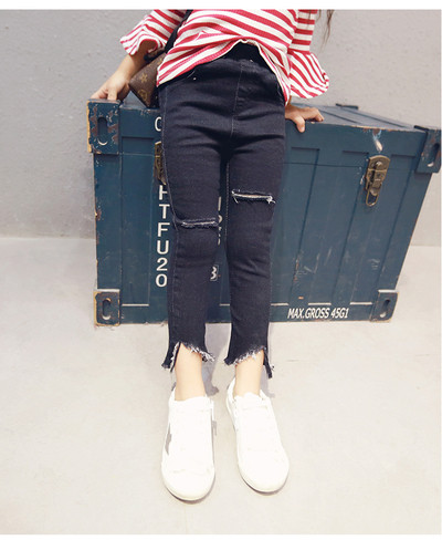 Κομψά παιδικά τζιν σε σκούρο χρώμα με υψηλή μέση, τύπου 7/8 και ραγισμένα