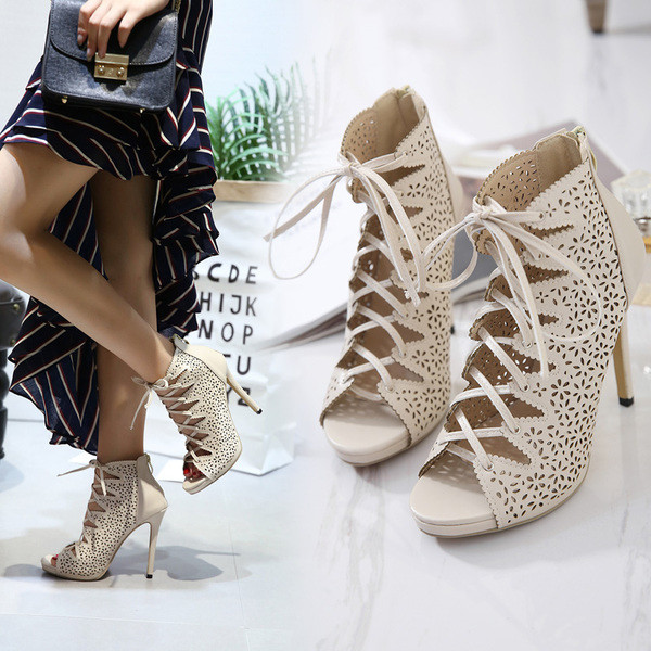 Стилни дамски обувки на висок ток - отровени с връзки и леко остри