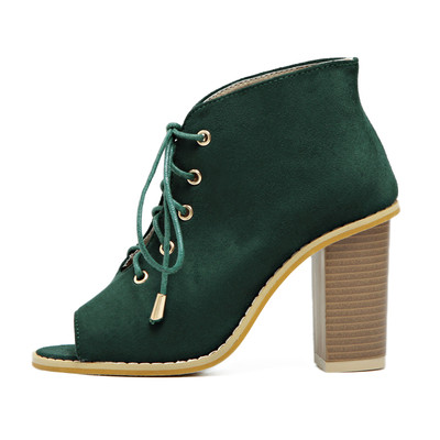 Дамски обувки на дебел ток с връзки в черен и зелен цвят