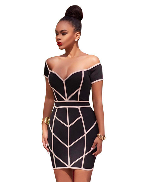 Κομψή γυναικεία φόρεμα με γυμνούς ώμους και βαθύ λαιμόκοψη