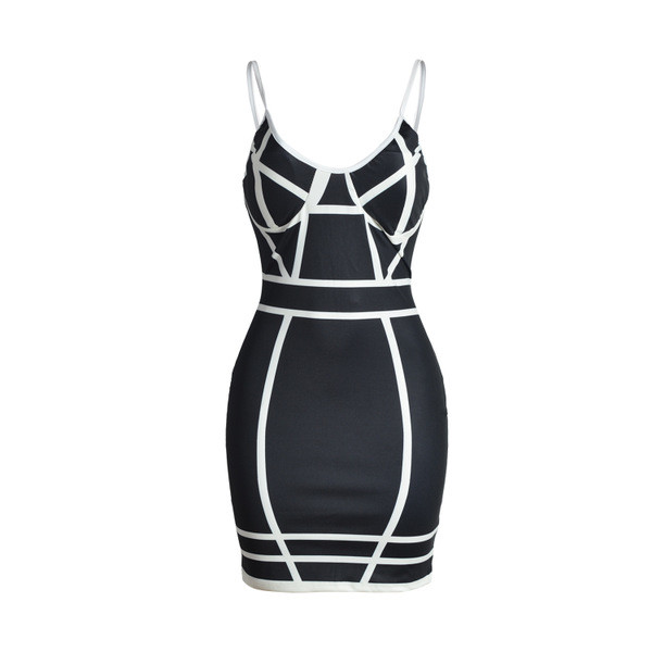 Κομψό γυναικείο φόρεμα με λεπτές λωρίδες και βαθύ λαιμόκοψη