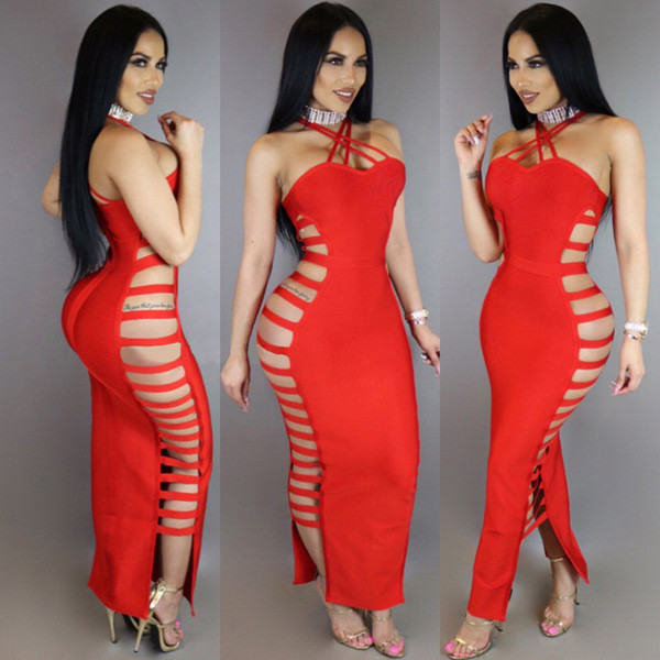 Κομψο μακρύ φόρεμα γυναικείο με κομμένα στοιχεία σε μαύρο και κόκκινο χρώμα